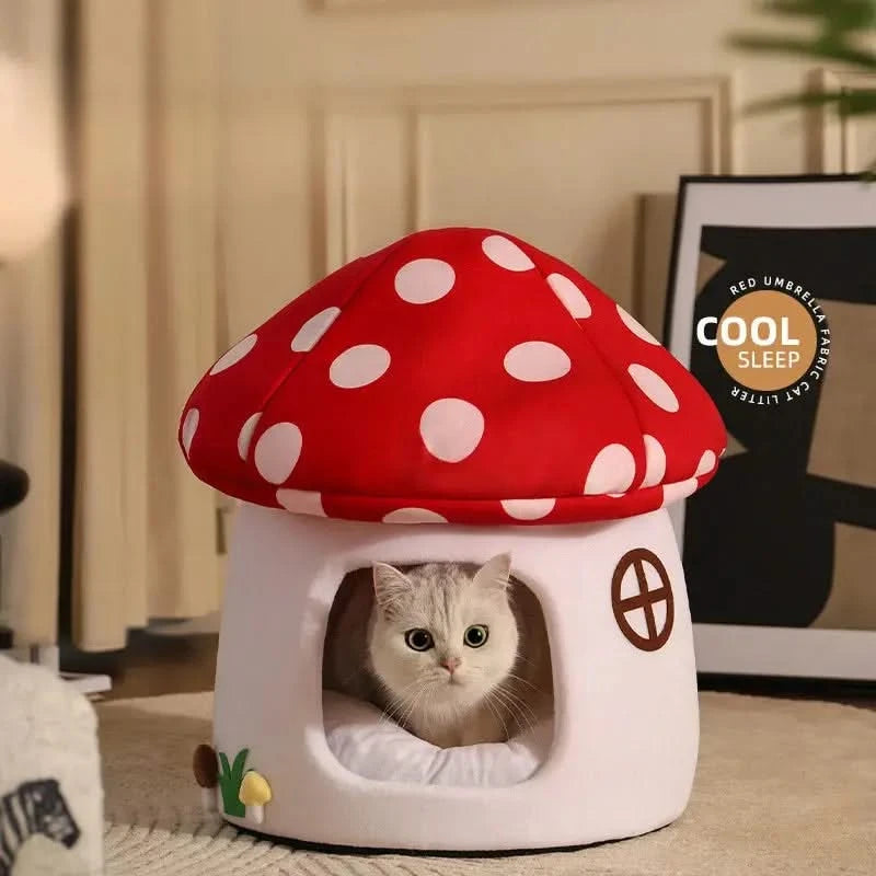 Cozy Half-Enclosed Mushroom Cat Bed: Adorable, Functional Pet Hideaway & Sleep House