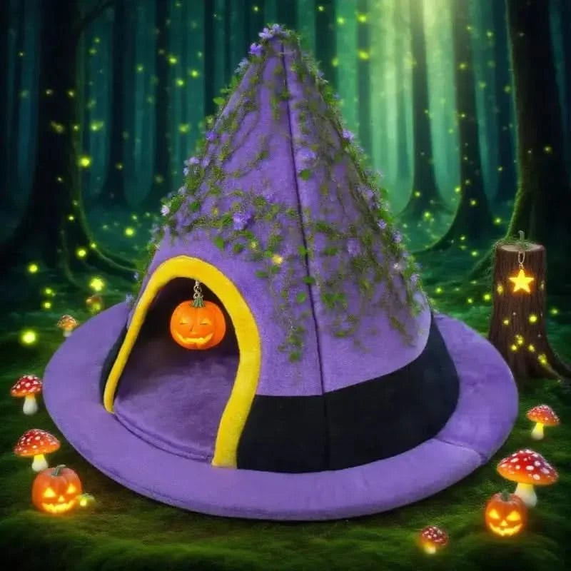 BOOTEELY Witch Hat Pet Bed: Soft Plush Semi-Enclosed Cozy Nest for Cats & Small Dogs