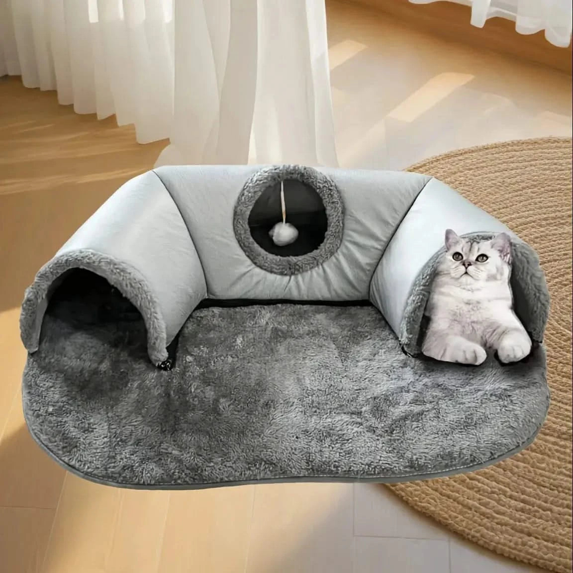 Versatile 3-in-1 Cat Tunnel Bed: Play Mat, Warm Nest, Anti-Slip