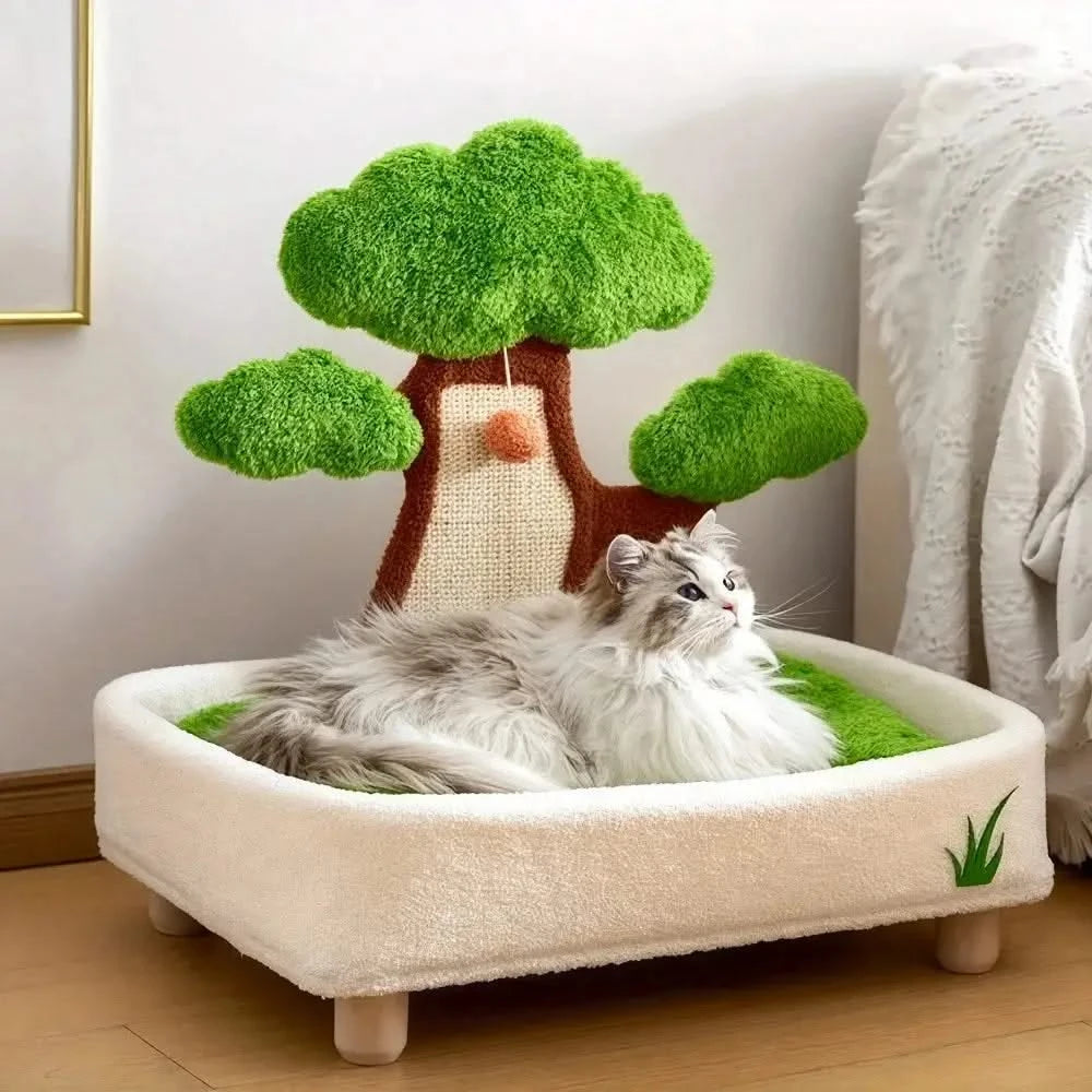 Cozy 2-in-1 Cat Bed & Scratcher, Pine Tree Design Pet Furniture with Washable Cushion
