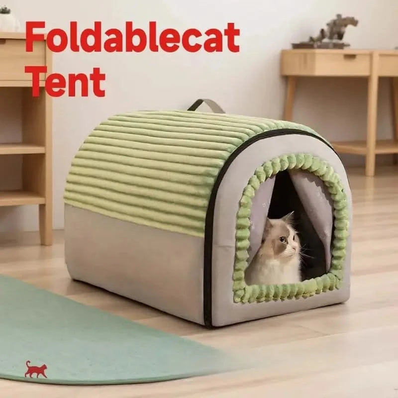 Cozy Plush Cat Bed House with Removable Cushion, Anti-Slip Warm Pet Cave