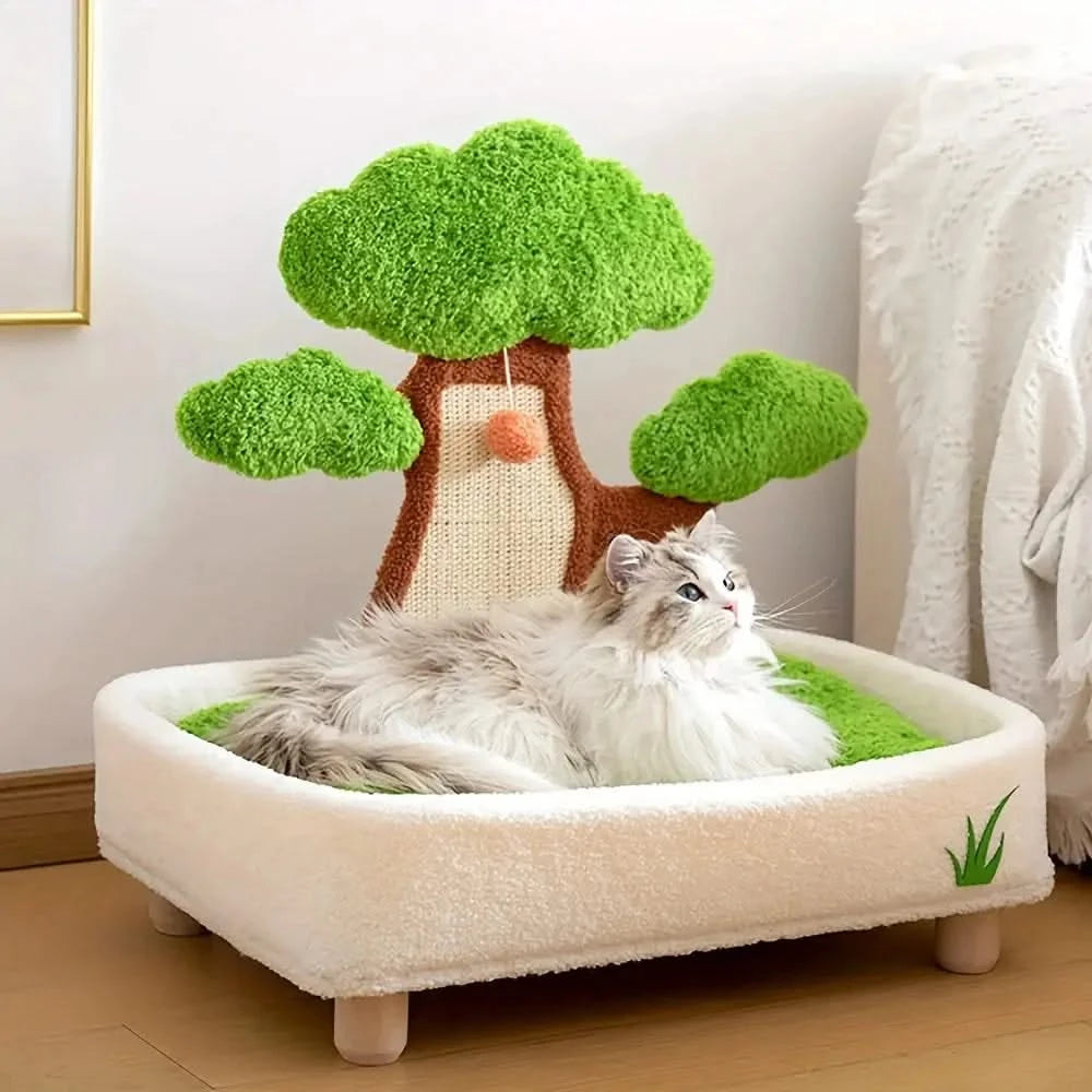 Cozy 2-in-1 Cat Bed & Scratcher, Pine Tree Design Pet Furniture with Washable Cushion
