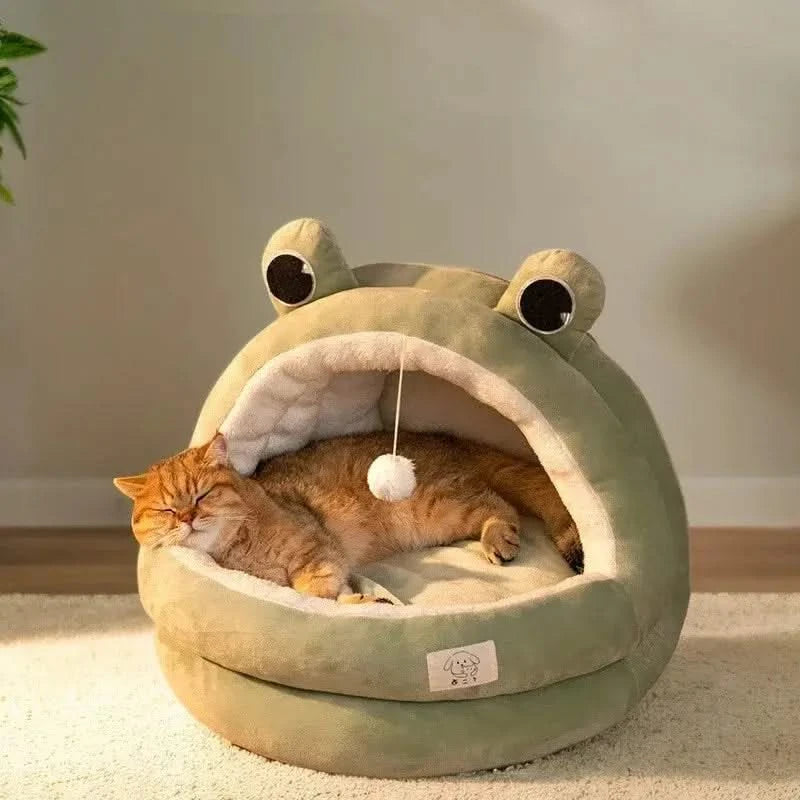 Interactive Cat-Ear Cat Bed: Plush, Built-in Ball Toy, Gray Hideaway for Cats