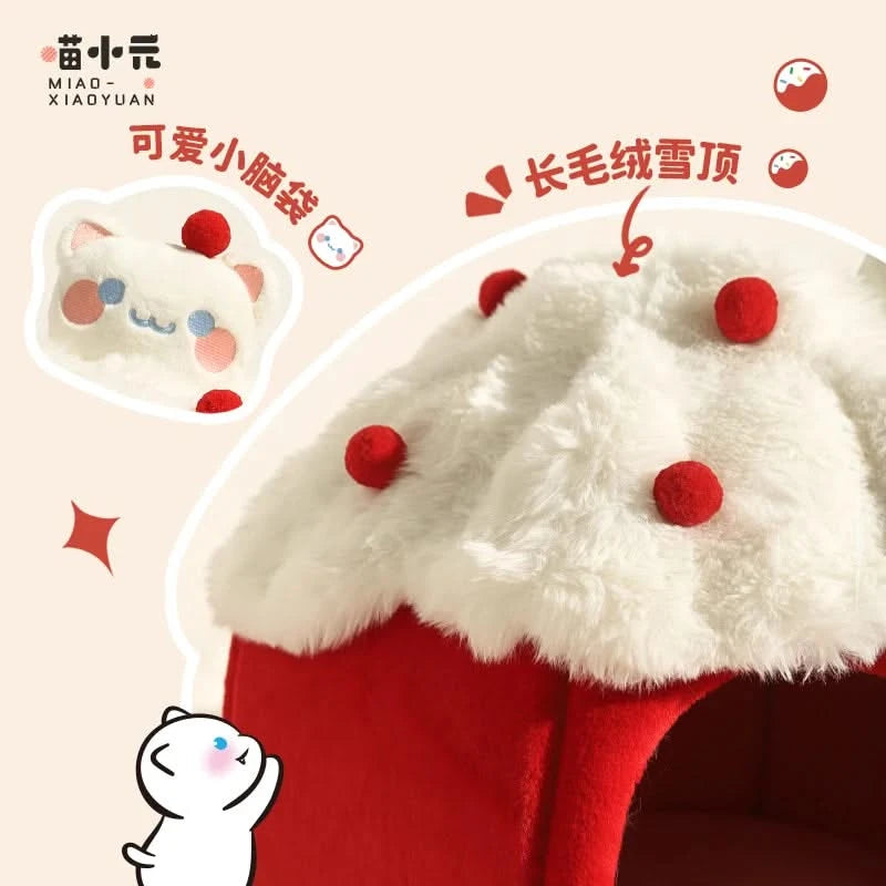Adorable Strawberry Plush Pet Bed: Warm Cave House for Cats & Small Dogs