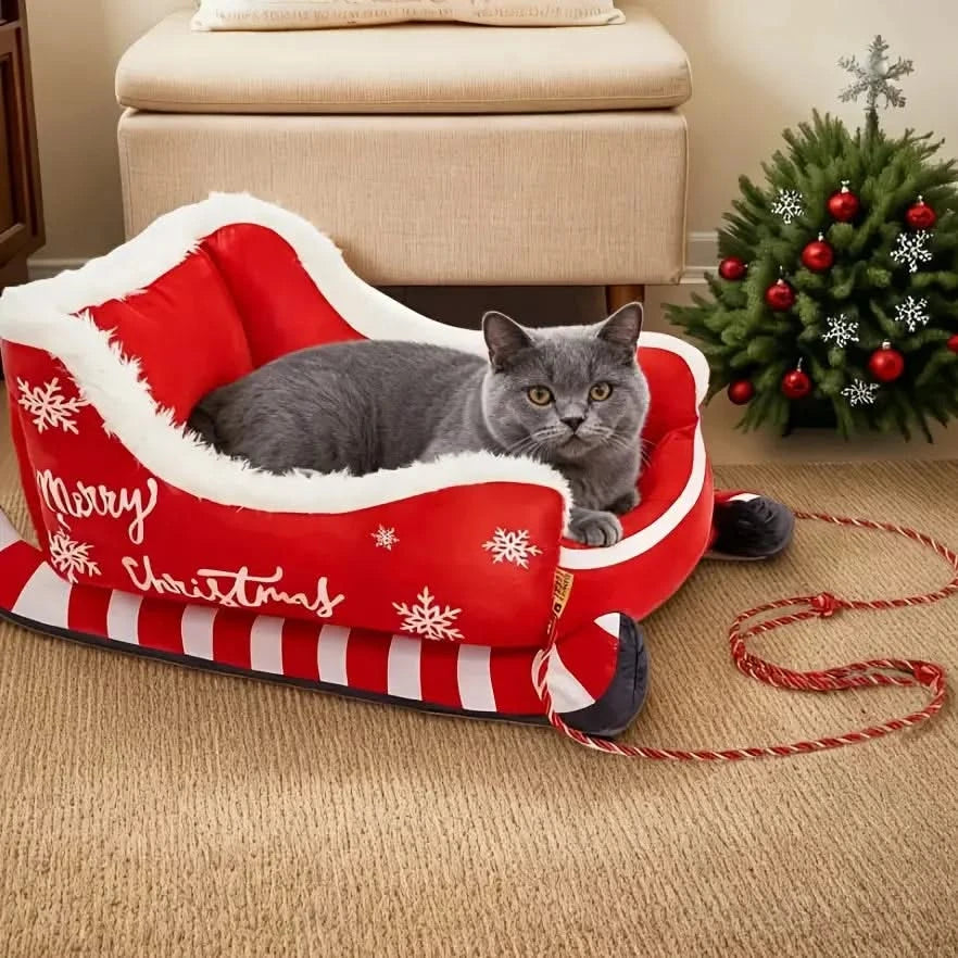 Premium Winter Christmas Sled Pet Bed: Anti-Slip Dog Cat Hammock Sofa