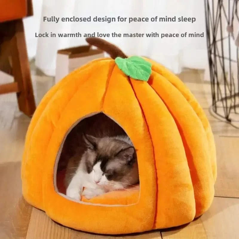 Cozy Pumpkin Pet House for Cats Small Dogs, Soft Warm Semi-Enclosed Kennel