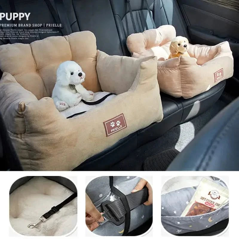 Premium Pet Car Seat Booster Bed with Safety Belt, Washable Cushion