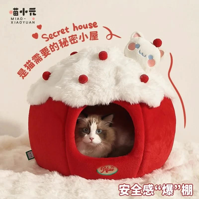 Adorable Strawberry Plush Pet Bed: Warm Cave House for Cats & Small Dogs