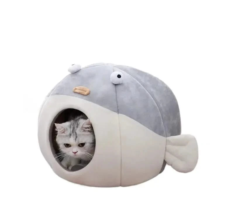Cozy Pufferfish Cat Cave Bed with Washable Pillow, Soft Plush for Indoor Cats