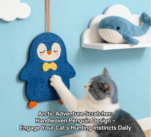 Hanging Cat Scratcher, Penguin Design, Blue/Yellow, Rope, Play & Scratching Tool for Cats