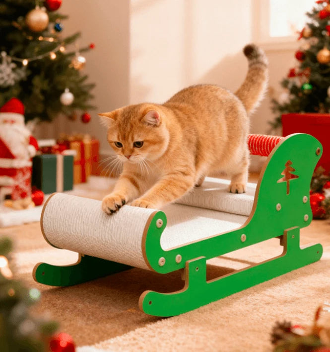 Sled-Shaped Cat Scratcher, Green/White, Wooden, Replaceable Pad, Claw Care for Cats