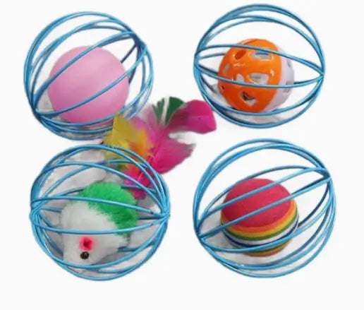 Interactive Cage Ball Cat Toy - Single, Feather Mouse/Ball/Bell, Multi-Color