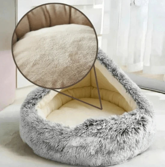 Cozy Cat Burrow Bed - Hooded Plush Hideout, Non-Slip Bottom, Calming Light Grey