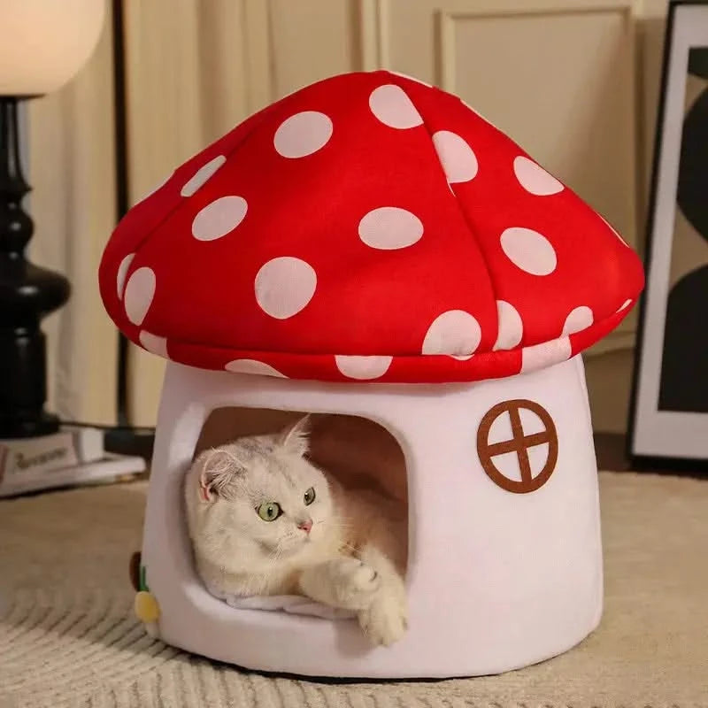 Cozy Half-Enclosed Mushroom Cat Bed: Adorable, Functional Pet Hideaway & Sleep House