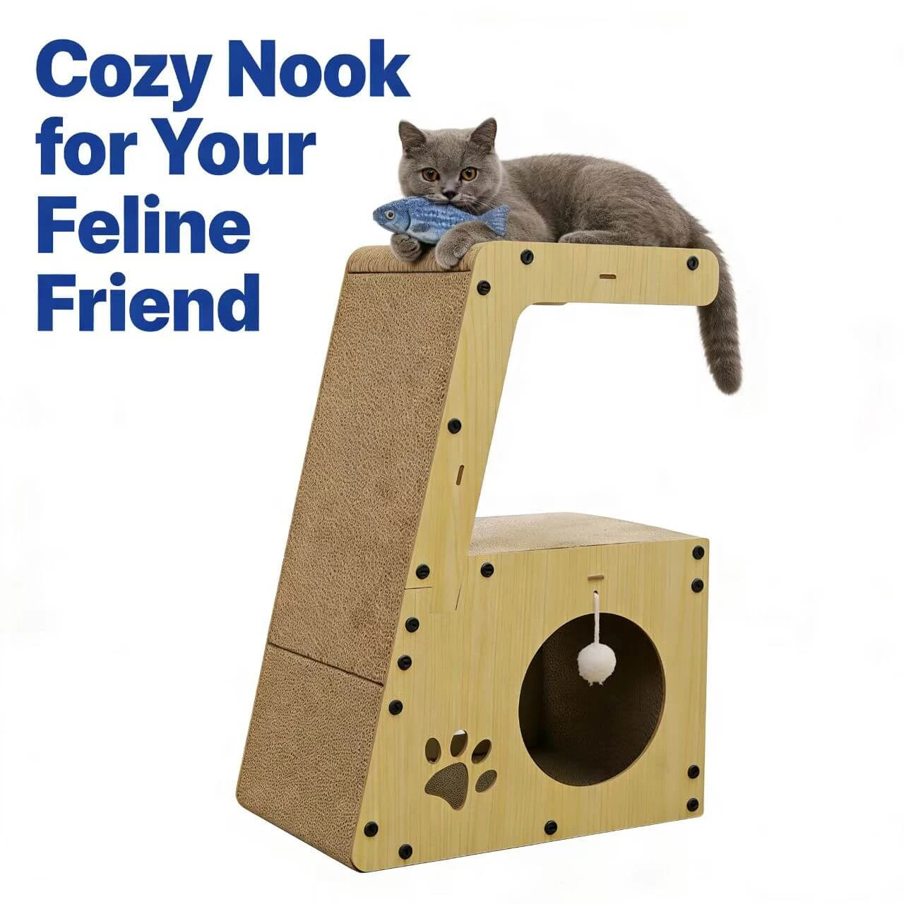 Rest, Scratching & Interactive Cat House for Cats - Pom-Pom, Wood Frame, Paw Print