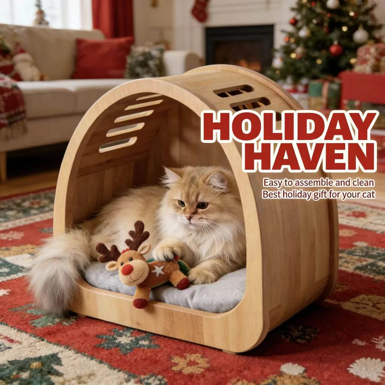 Minimalist Cat Bed with Air Vents - Light Wood, Cozy Hideaway, Premium Pet Furniture