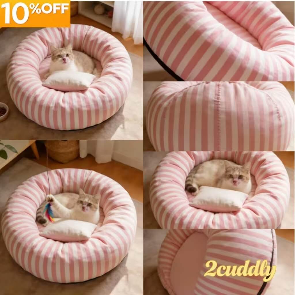 Cozy Striped Pet Bed for Cats- With Pillow, Soft, Pink-White, Round Cushion, All-Season