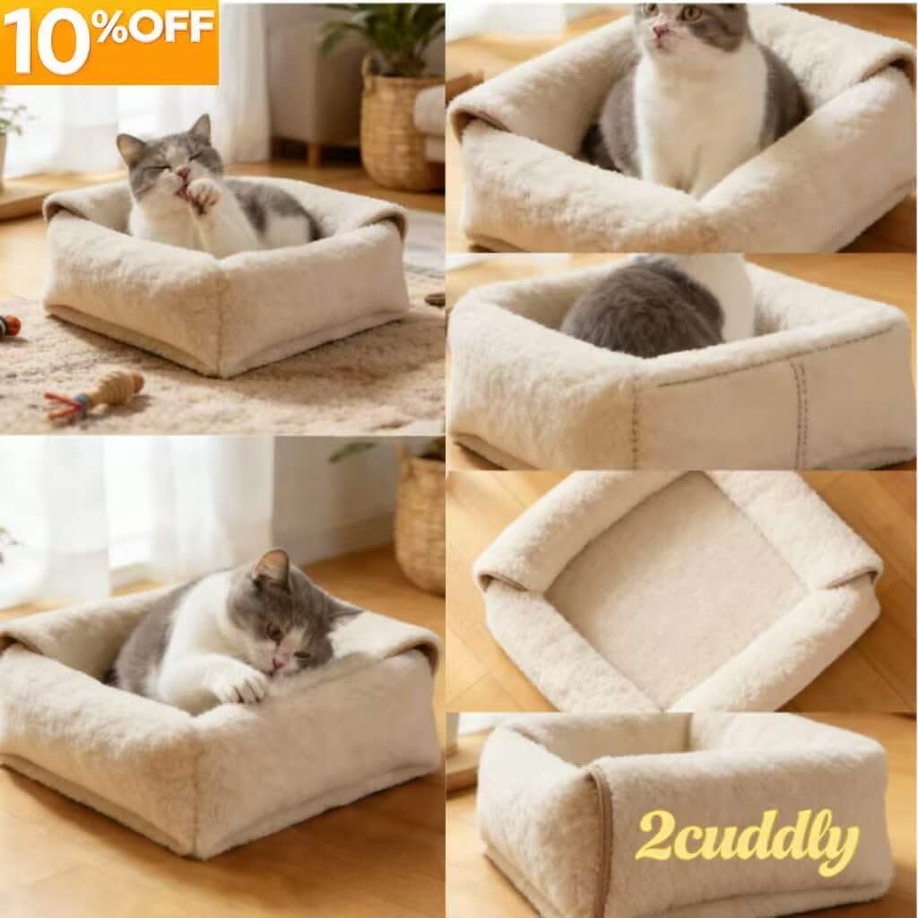 Shearling-Like Pet Bed for Cats - Cream, Square, Soft Plush, Cozy Cushion, All-Season
