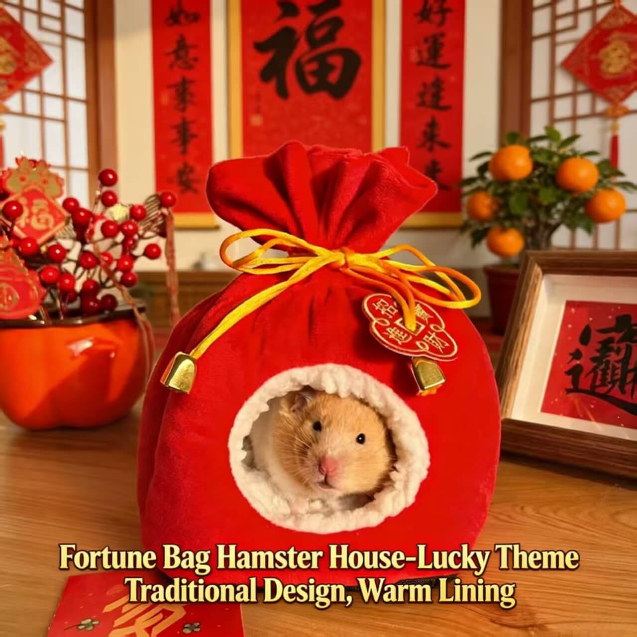 Lucky-Theme Hamster House for Hamsters - Fortune Bag Shape, Red, Traditional Design, Warm Lining