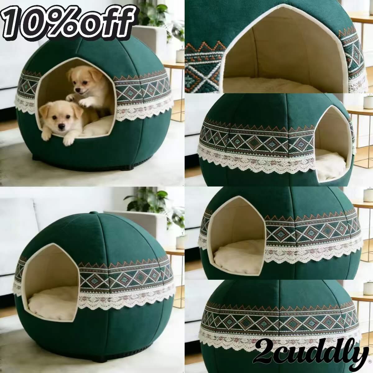 Princess Pet Bed for Dogs, Cave Shape, Velvet Surface, Green, Lace Trim, All-Season