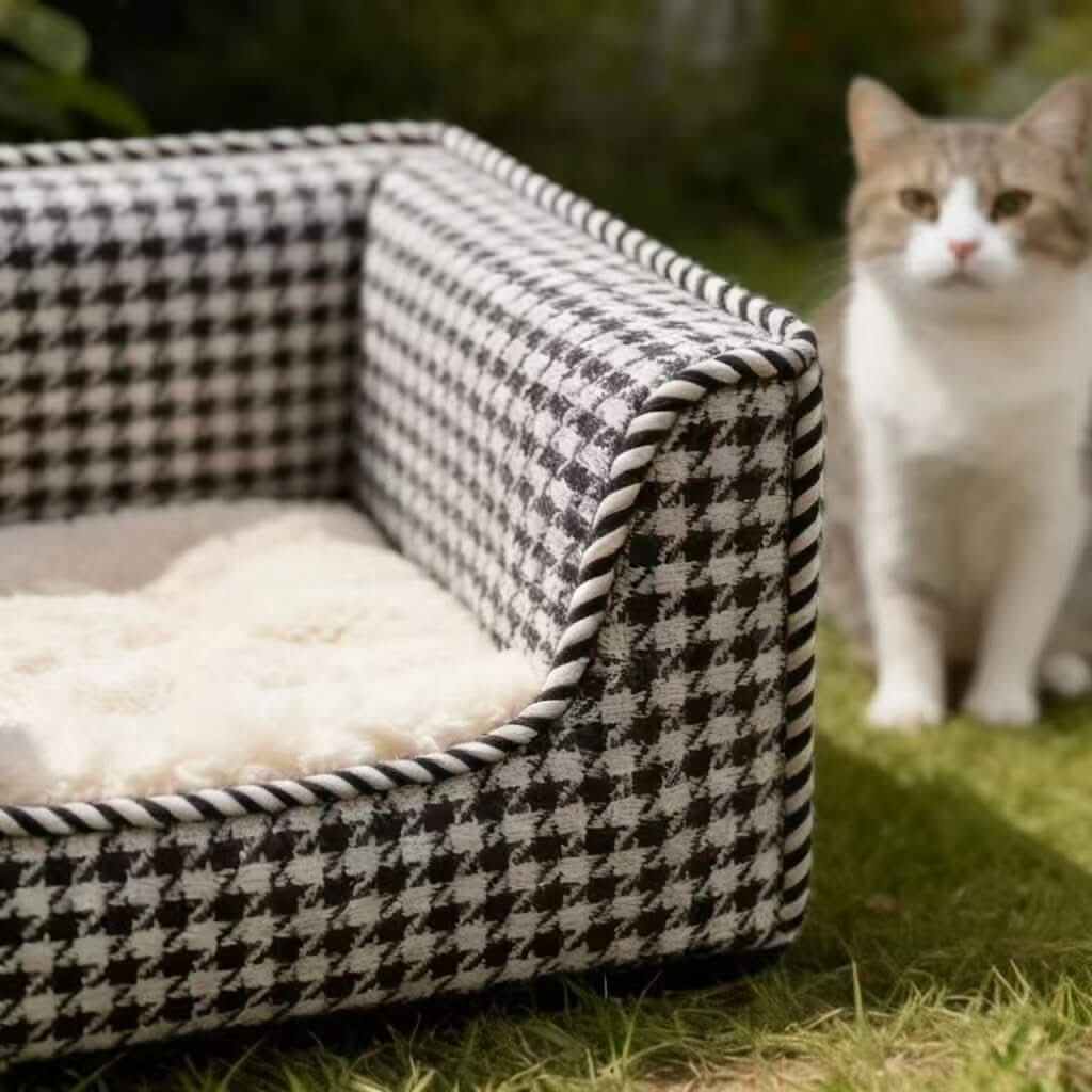 Stylish Cozy Pet Sofa for Cats - Black-White Houndstooth, Rope Trim, Plush Cushion