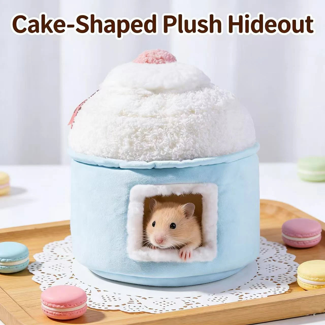 Comfort Hide Rest Hamster Nest for Hamsters - Cake-Shaped Plush Light Blue-White Square Entry