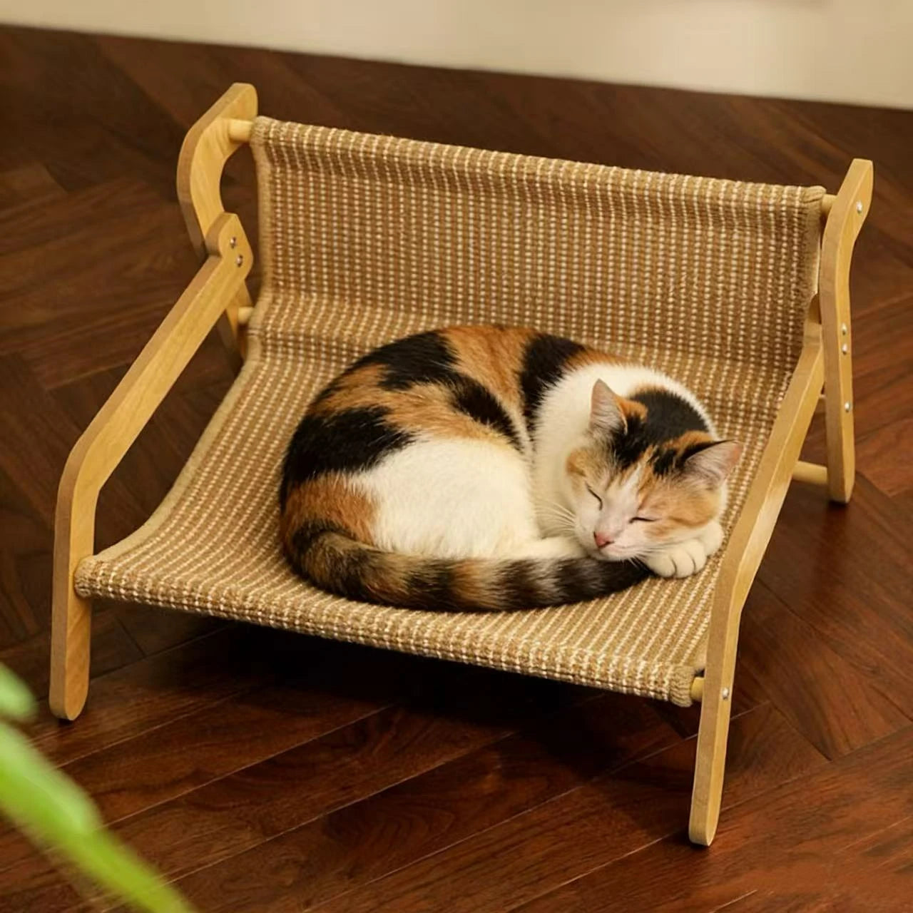Rest & Scratch Cat Scratcher Bed for Cats - Wood Frame Woven Fabric Striped Beige
