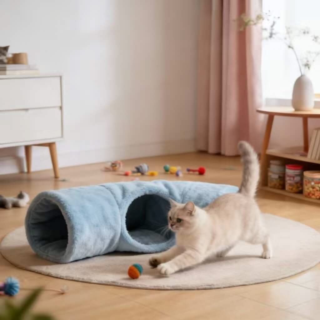 Soft Blue Pet Tunnel Bed for Cats - Plush, Multi-Entry, Cozy Play & Hide Spot, All-Season