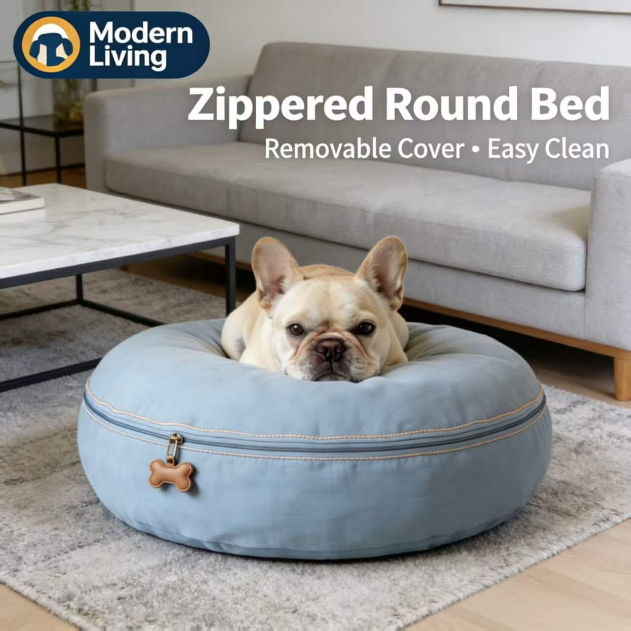 Modern-Living Pet Bed for Dogs - Round, Light Blue, Zippered Removable Cover, Easy Clean
