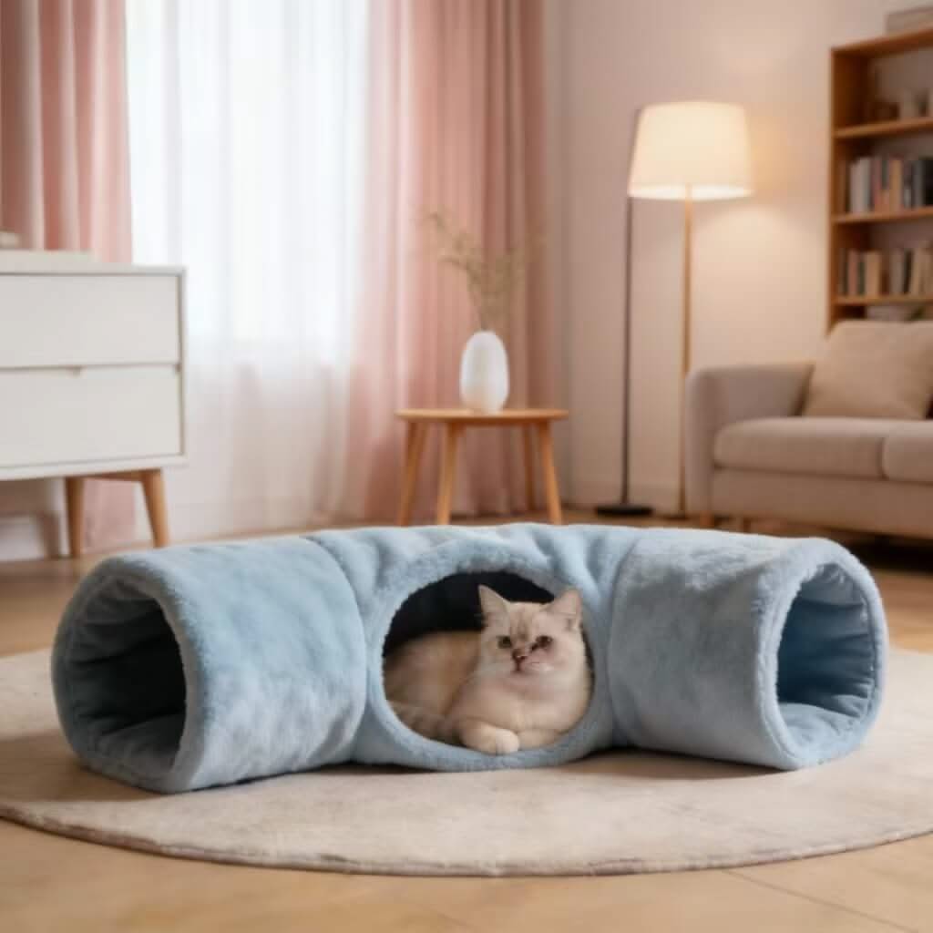 Soft Blue Pet Tunnel Bed for Cats - Plush, Multi-Entry, Cozy Play & Hide Spot, All-Season
