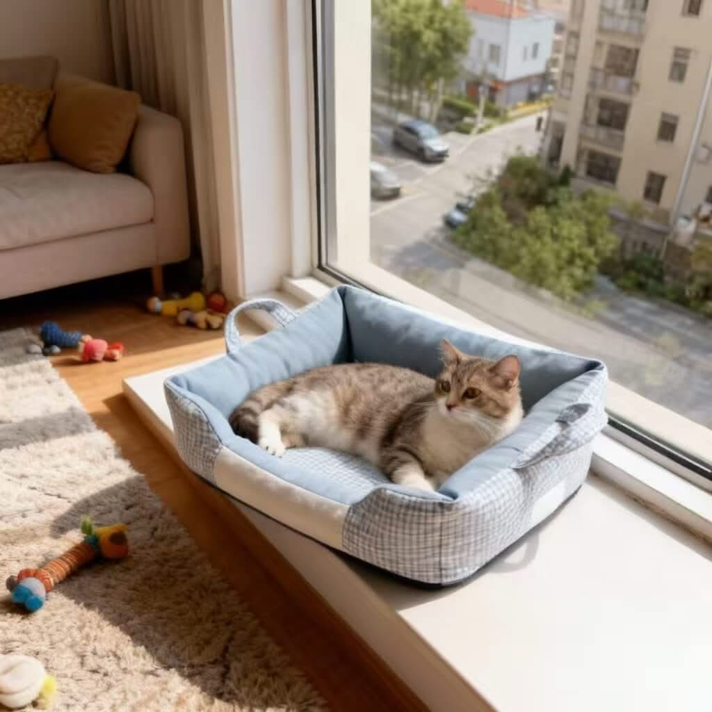 Portable Pet Bed for Cats - Blue Plaid, Square, Handle Design, Soft Fabric