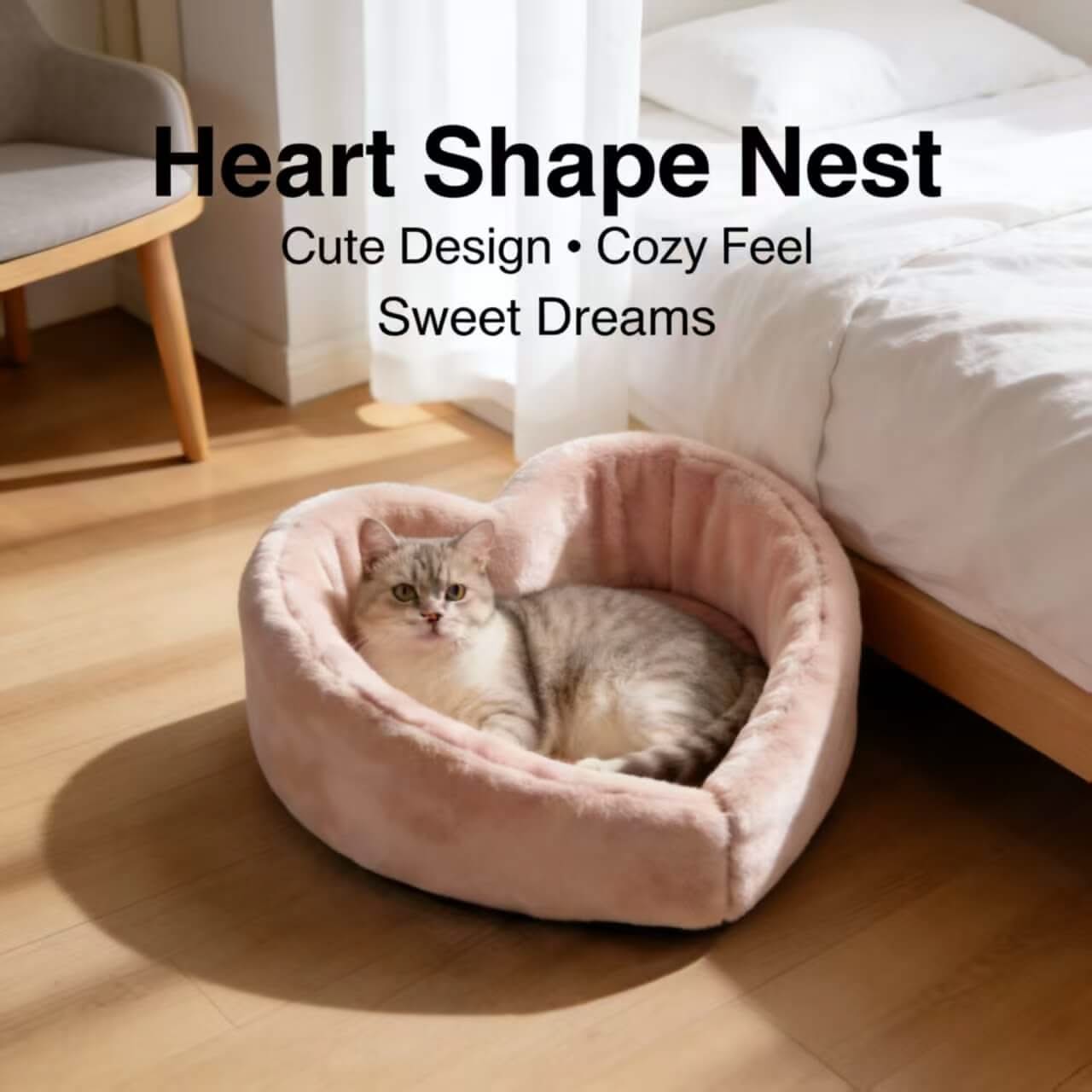 Cozy Pet Bed for Cats - Pink, Heart Shape, Plush Faux Fur Fabric