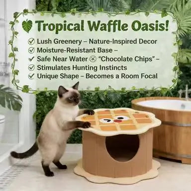 Waffle-Shaped Cat Bed: Cozy Hideaway, Cartoon Design, Cardboard Surface (Orange-Beige)