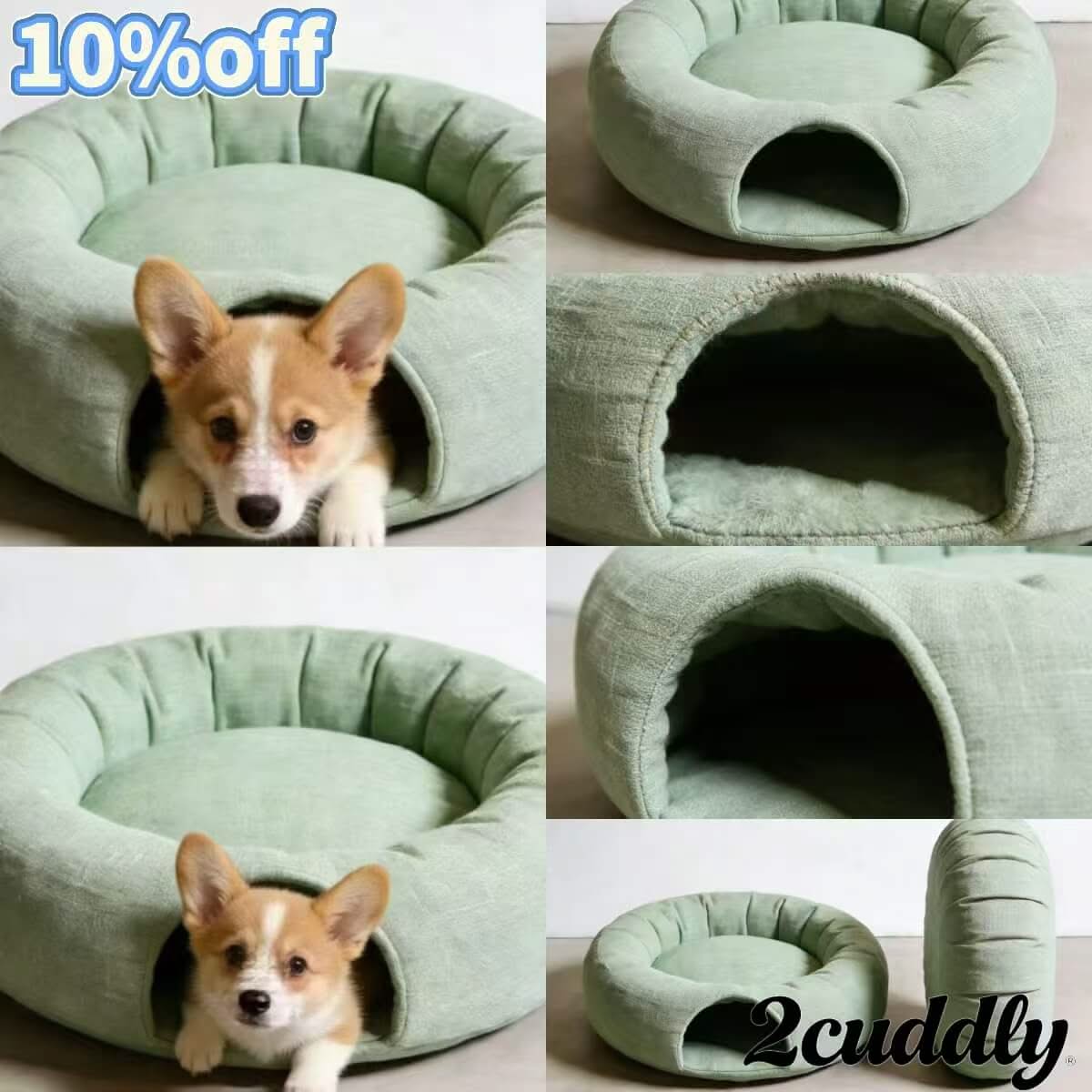 Linen Cave Dog Bed, Breathable Enclosed Design Light Green for Small-Medium Dogs
