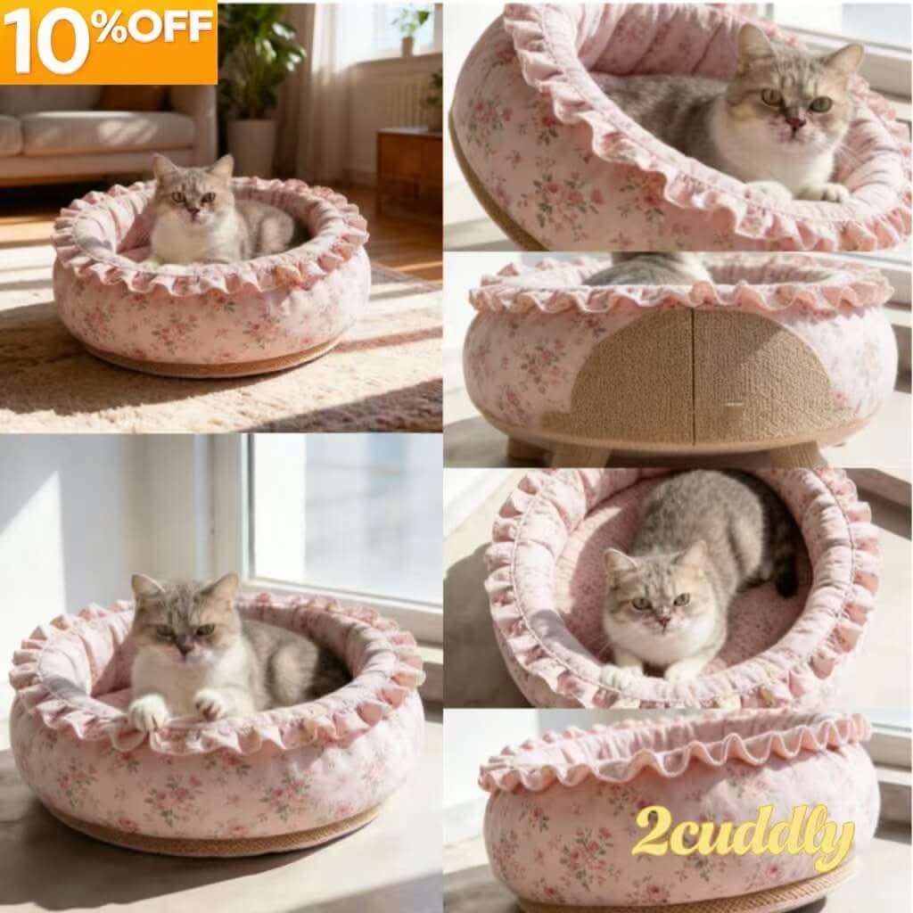 Floral Ruffled Pet Bed for Cats - Pink, Frilled Design, Soft Fabric, Cozy Cushion, All-Season