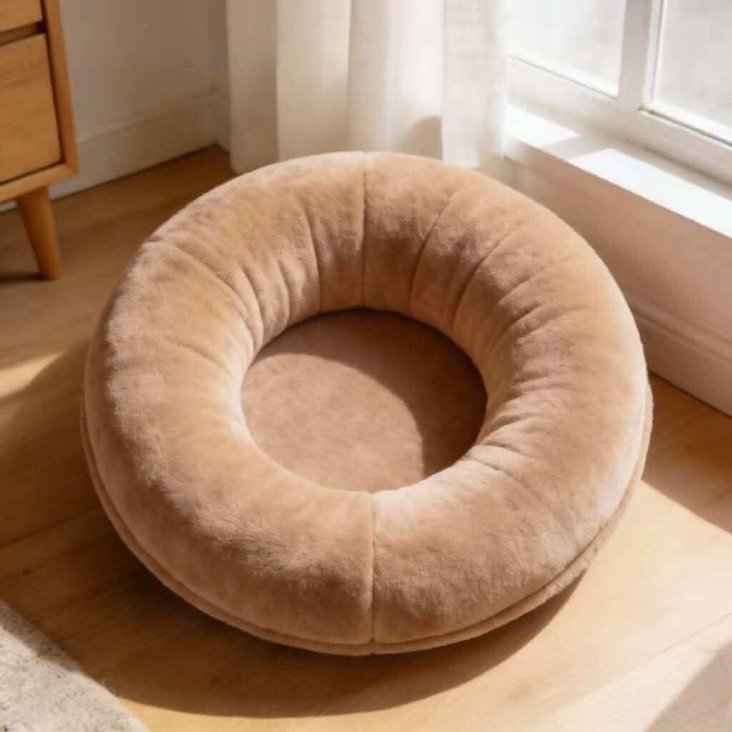 Plush Round Pet Bed for Cats - Soft, Beige, Cozy Cushion, All-Season