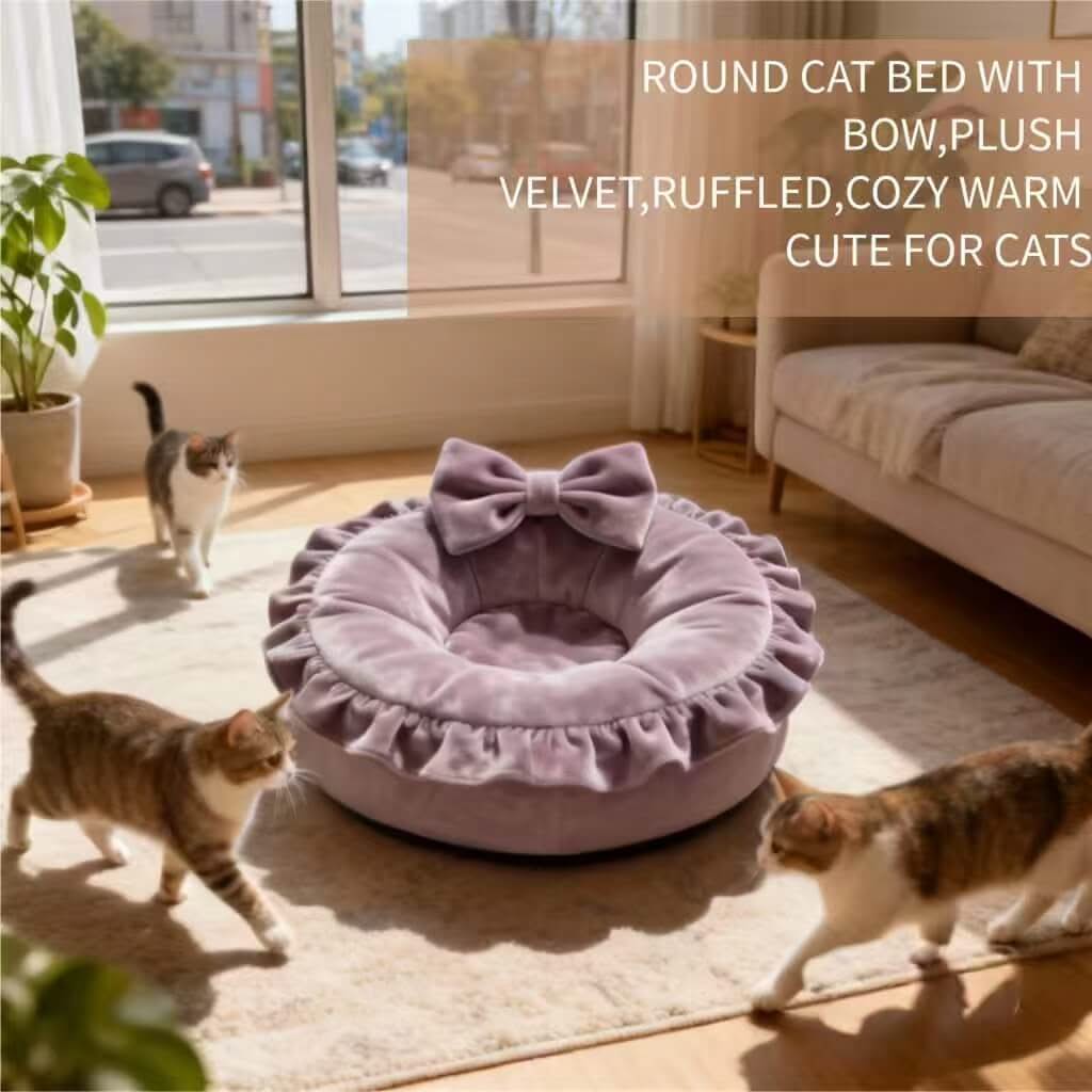 Soft Velvet Pet Bed for Cats - Lavender, Round, Bow Decor, Ruffled Trim