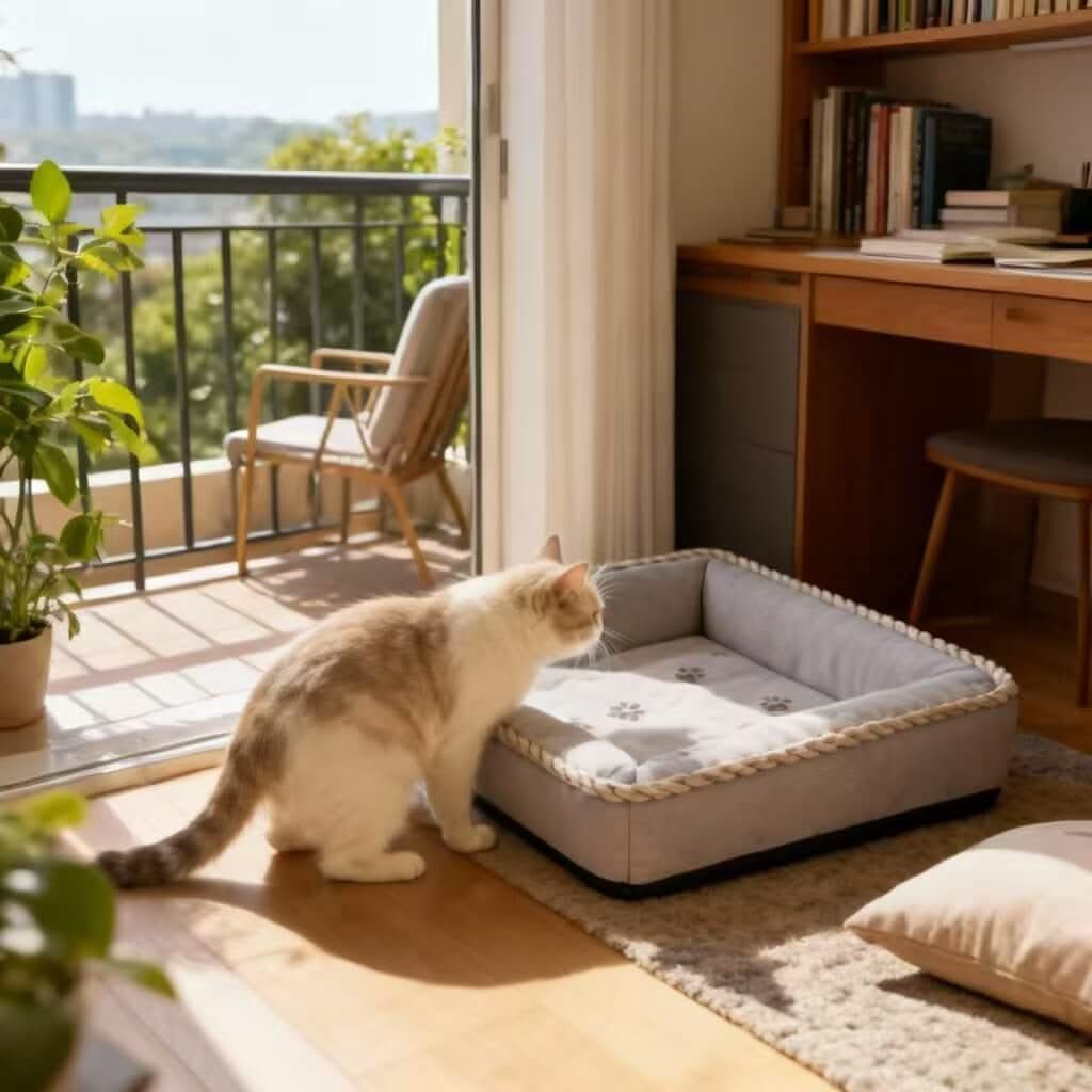 Cozy Pet Bed for Cats- Rope-Trimmed, Paw-Print Pattern, Soft Fabric, Light Gray, All-Season