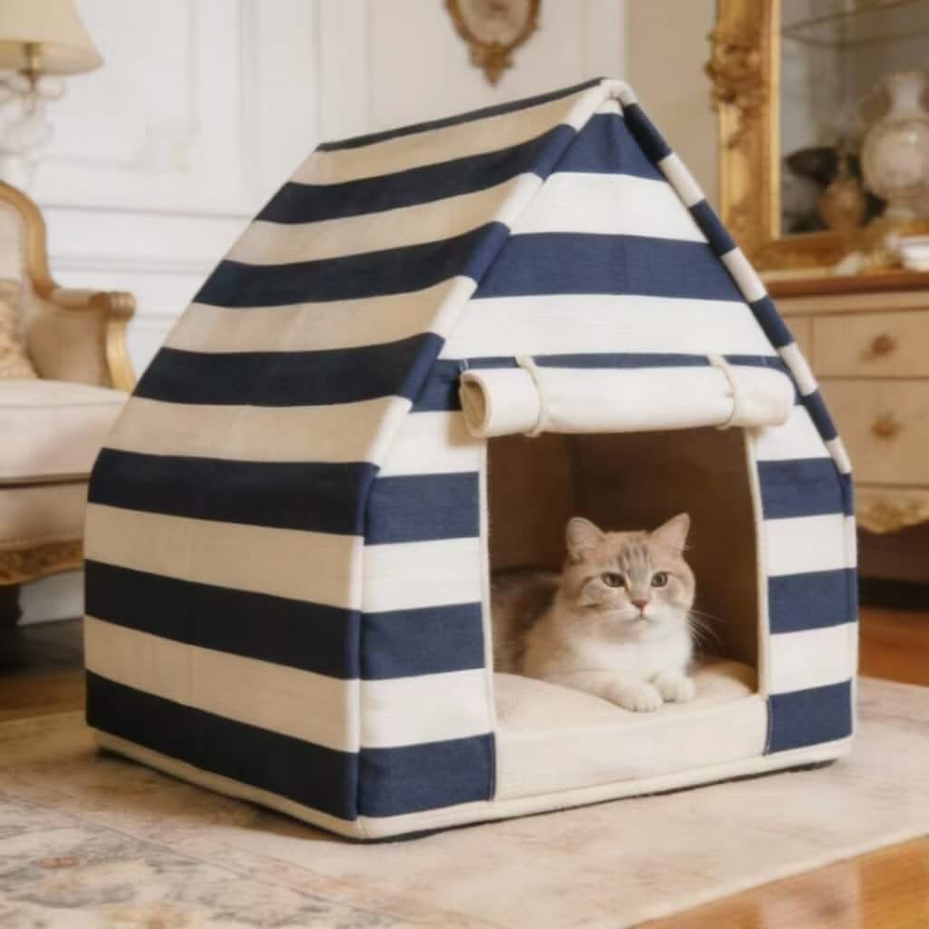 Striped Pet House Bed for Cats - Navy-White, Tent Design, Cozy Hiding Spot, Soft Cushion