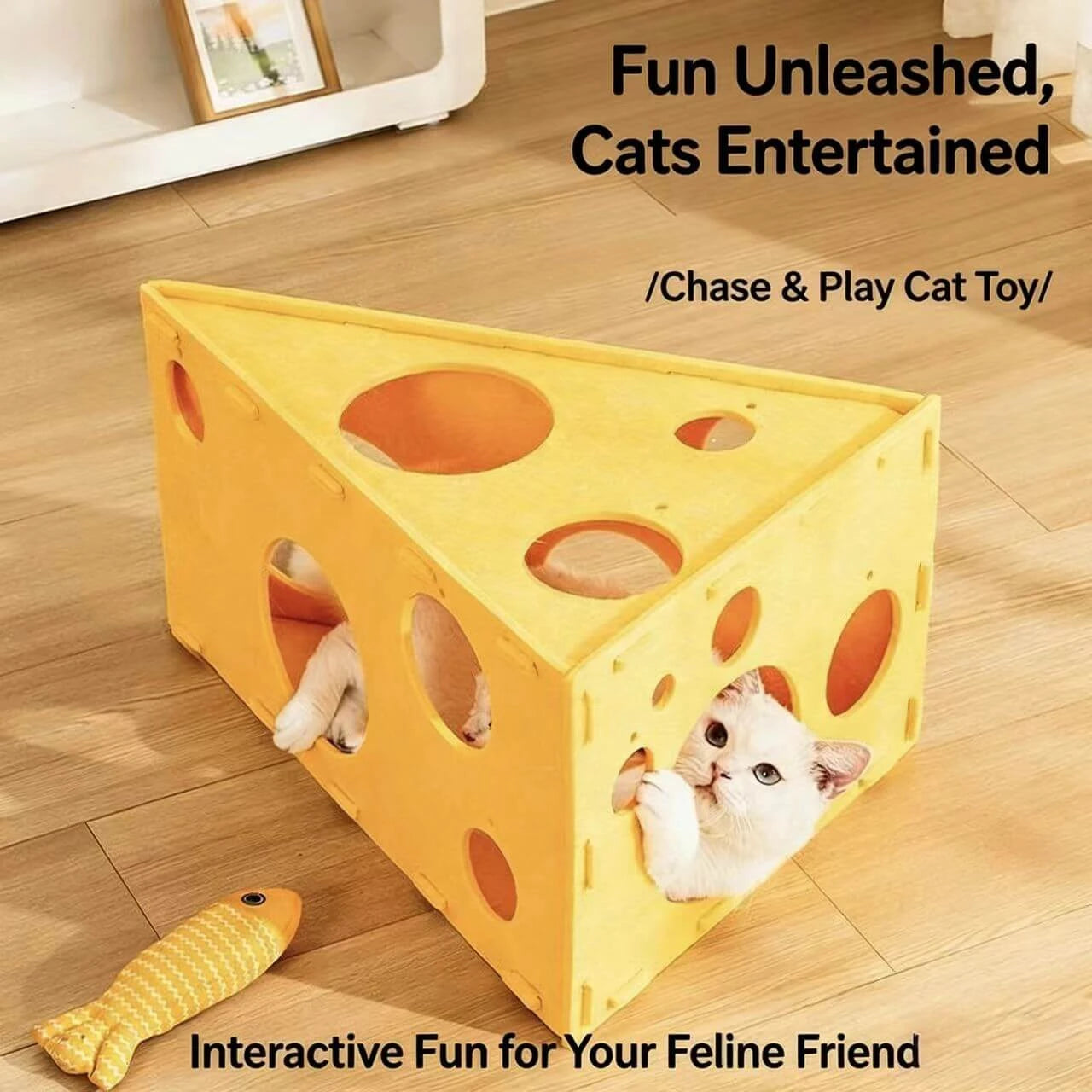 Interactive Cat Play Tunnel - Cheese Design, Detachable Felt, Yellow