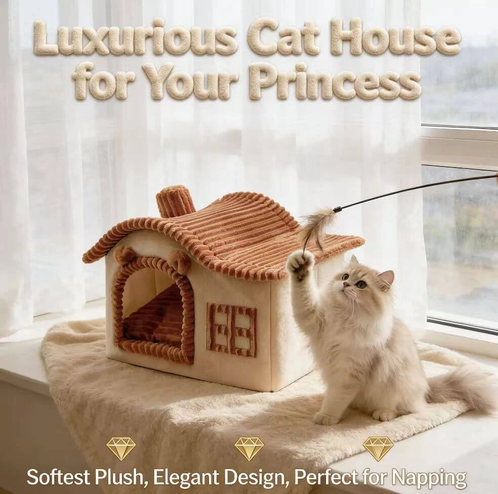 Warm Pet House for Cats - Corduroy Material, Cottage Design, Brown/Beige Rest Bed