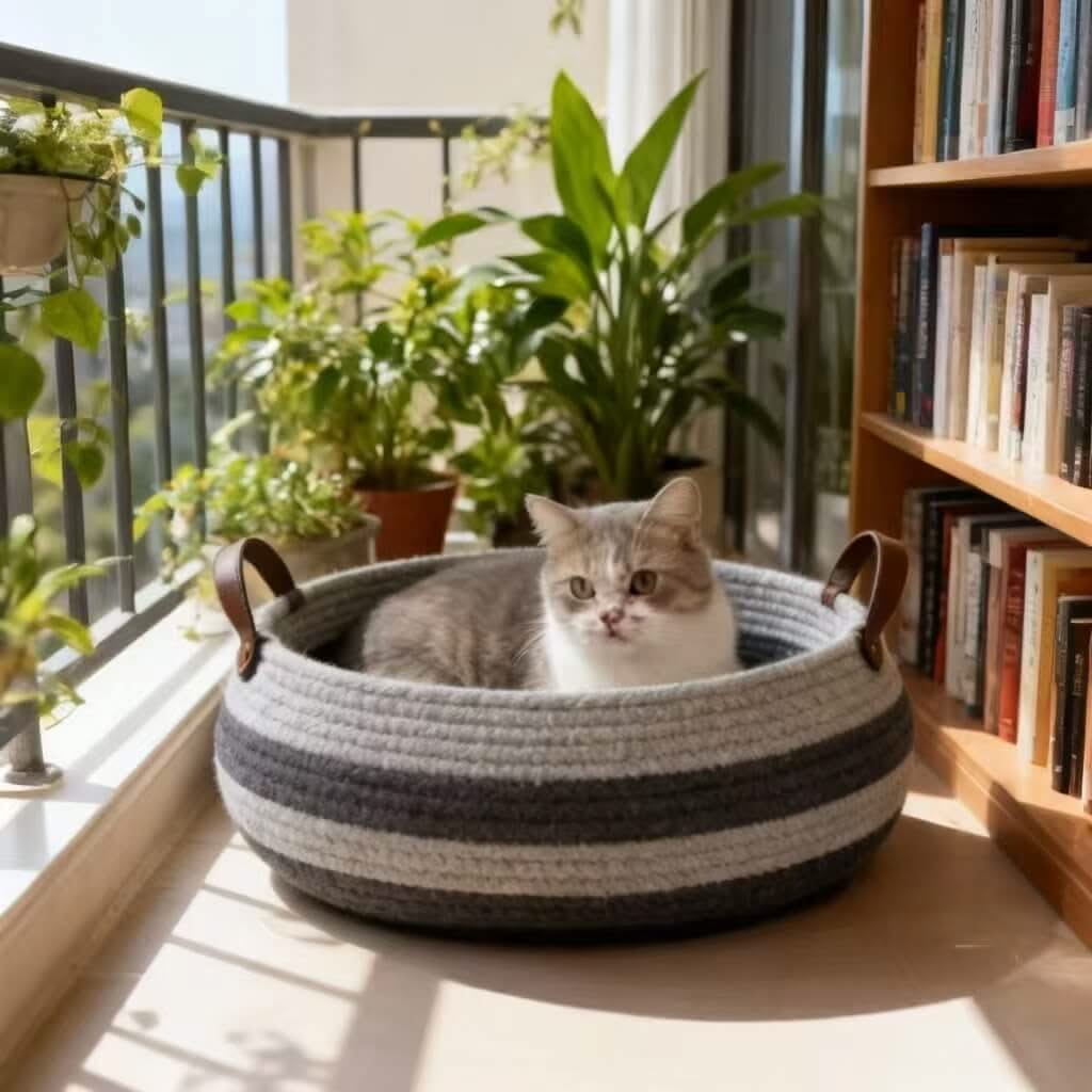 Striped Knit Pet Bed for Cats - Gray, Round, Leather Handle, Durable Fabric
