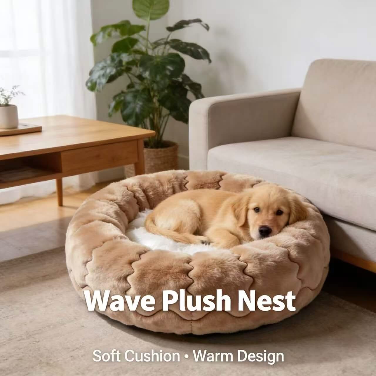 Soft Warm Wave Plush Pet Bed for Dogs - Beige, Cozy Cushion