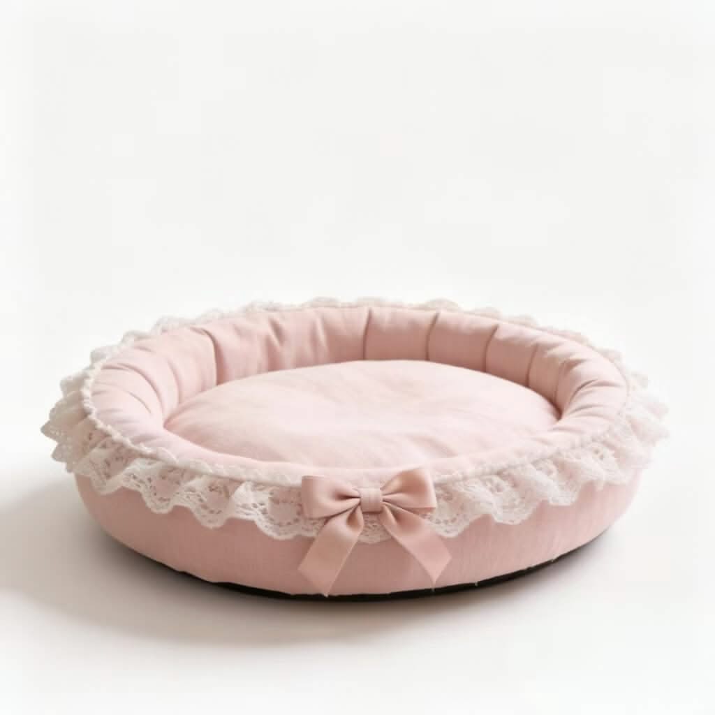Elegant Lace Pet Bed for Cats - Pink, Bow Decor, Round, Soft Cushion, All-Season