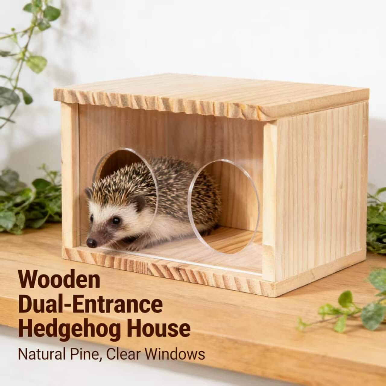 Dual-Entrance Wooden Hedgehog House: Natural Pine & Clear Windows for Hedgehogs