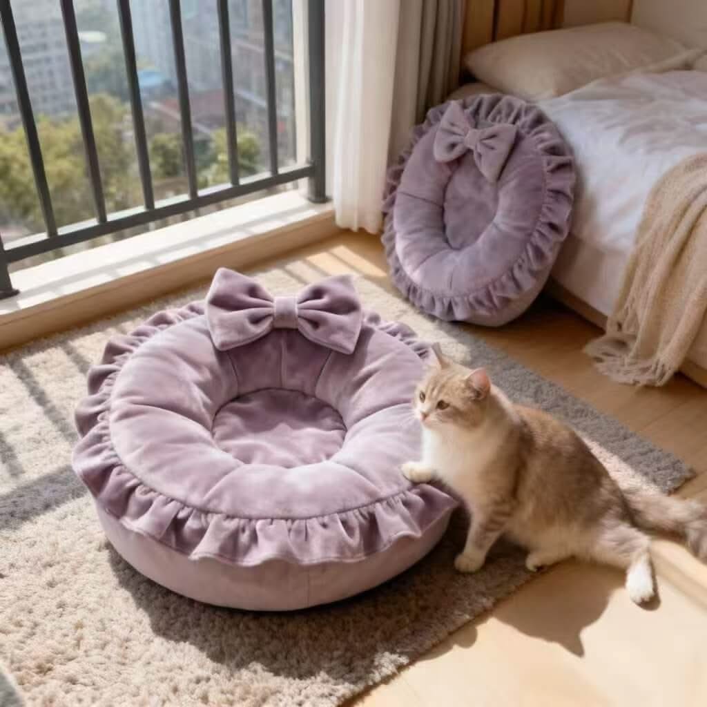 Soft Velvet Pet Bed for Cats - Lavender, Round, Bow Decor, Ruffled Trim