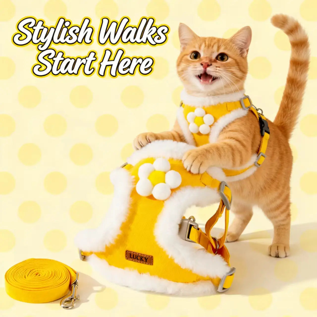 Escape-Proof Cat Harness & Leash: Faux Fur Trim, Daisy Accent