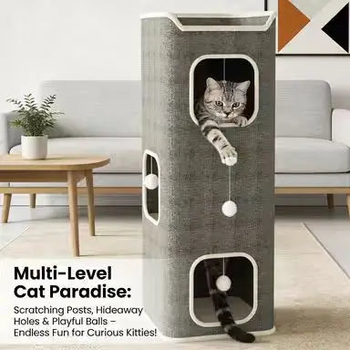 Cat Scratcher Hideaway: Scratch-Resistant, Resting Perch & Hanging Ball, Gray-White Design