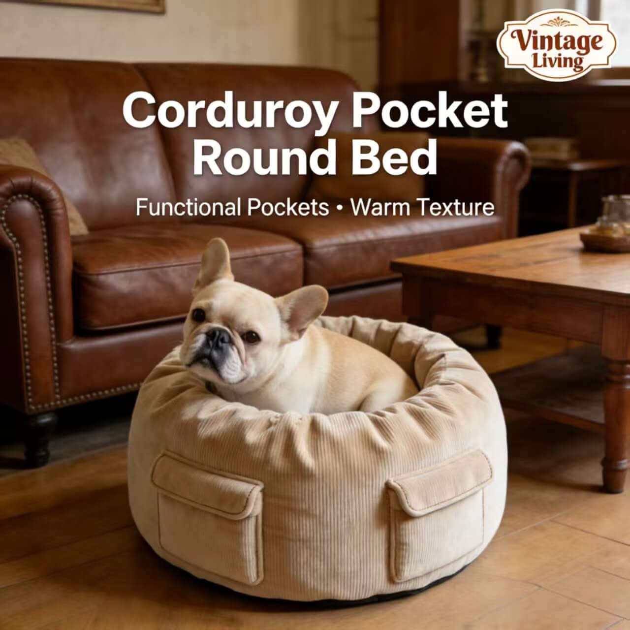 Vintage-Living Pet Bed for Dogs - Round, Beige Corduroy, Functional Pockets, Warm Texture