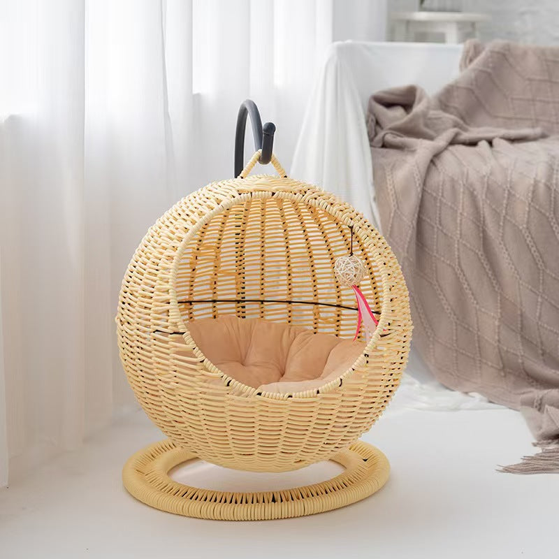 Elevated Pet Swing for Cats - Rattan Material, Egg Design, Beige Rest Hammock
